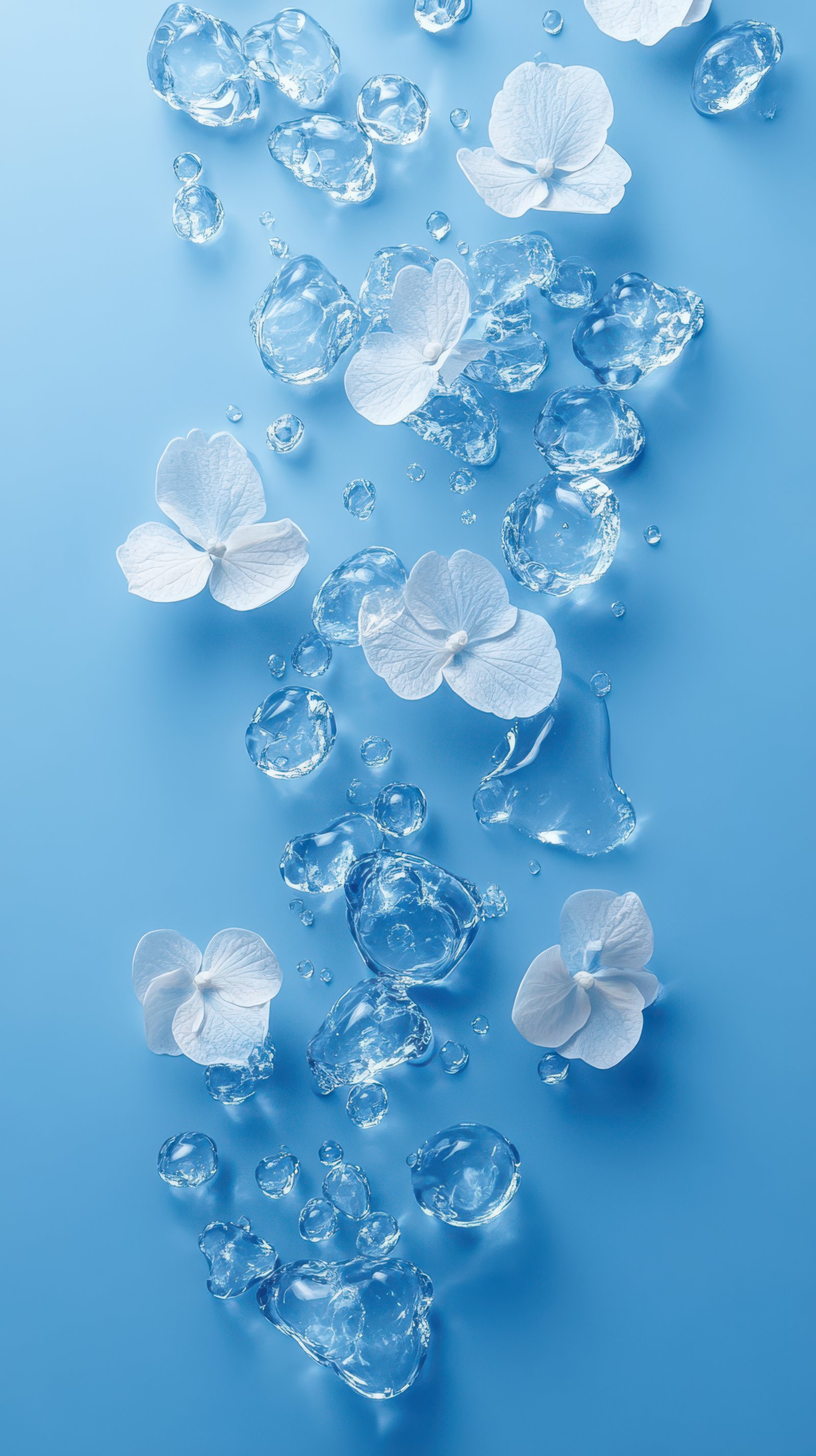 Elegant white flowers and bubbles floating on a serene blue surface create a tranquil and soothing atmosphere